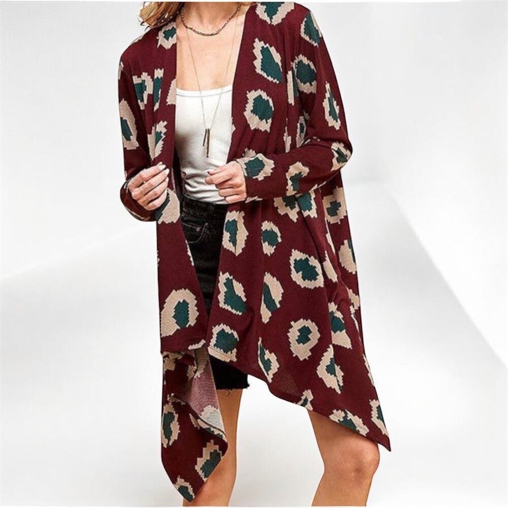 Burgundy Print Kimono-Style Sweater Plus Size XXL Asymmetrical Hem NWOT